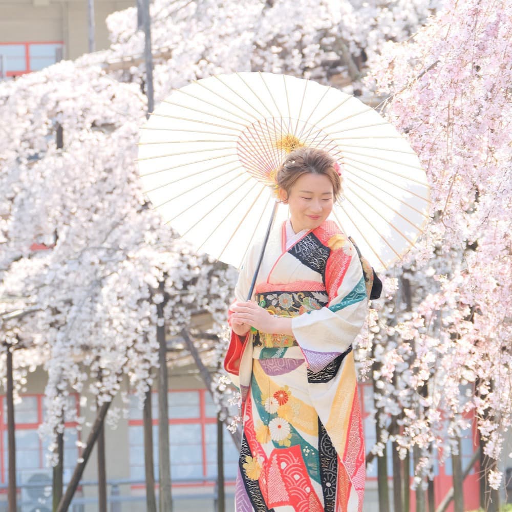 成人式桜の下で成人式の着物を着て和傘をさしている女性