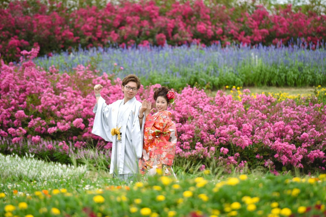 和装でフォトウェディングを公園やひまわり畑、菜の花畑や桜でのロケーション写真