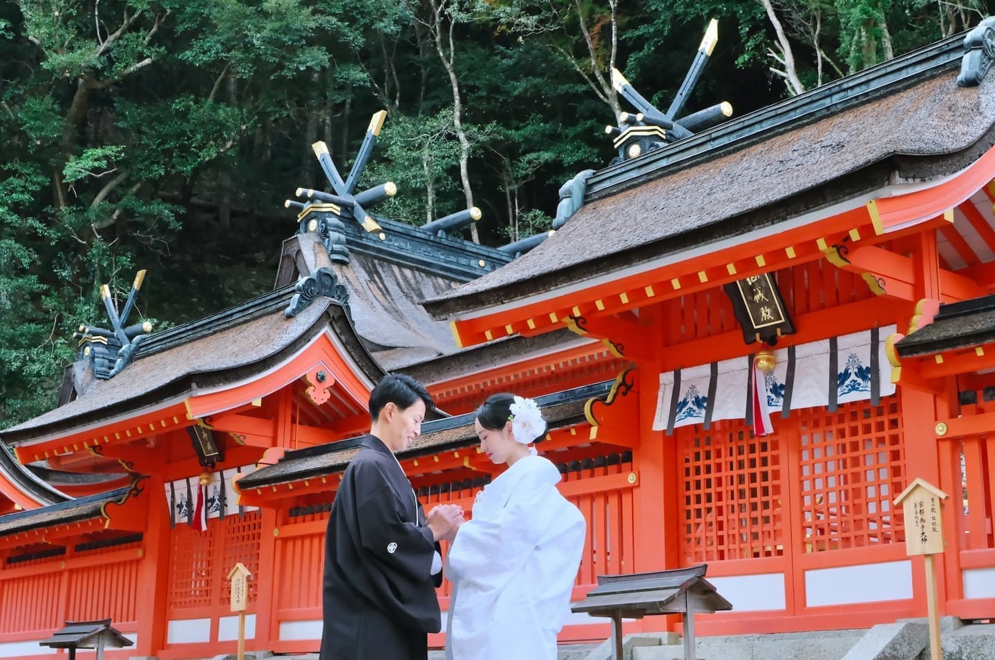 和装衣装で神社で結婚式の写真