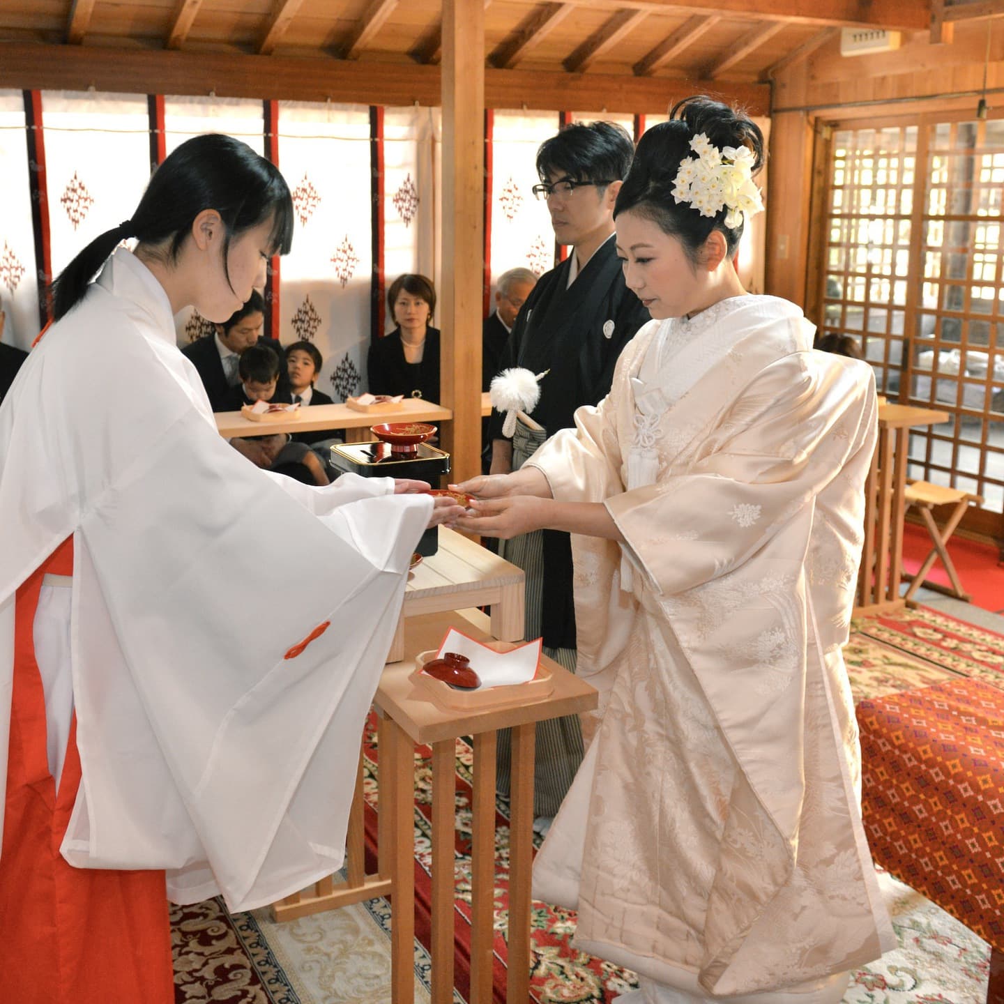 春日神社で結婚式の新郎と綿帽子の花嫁