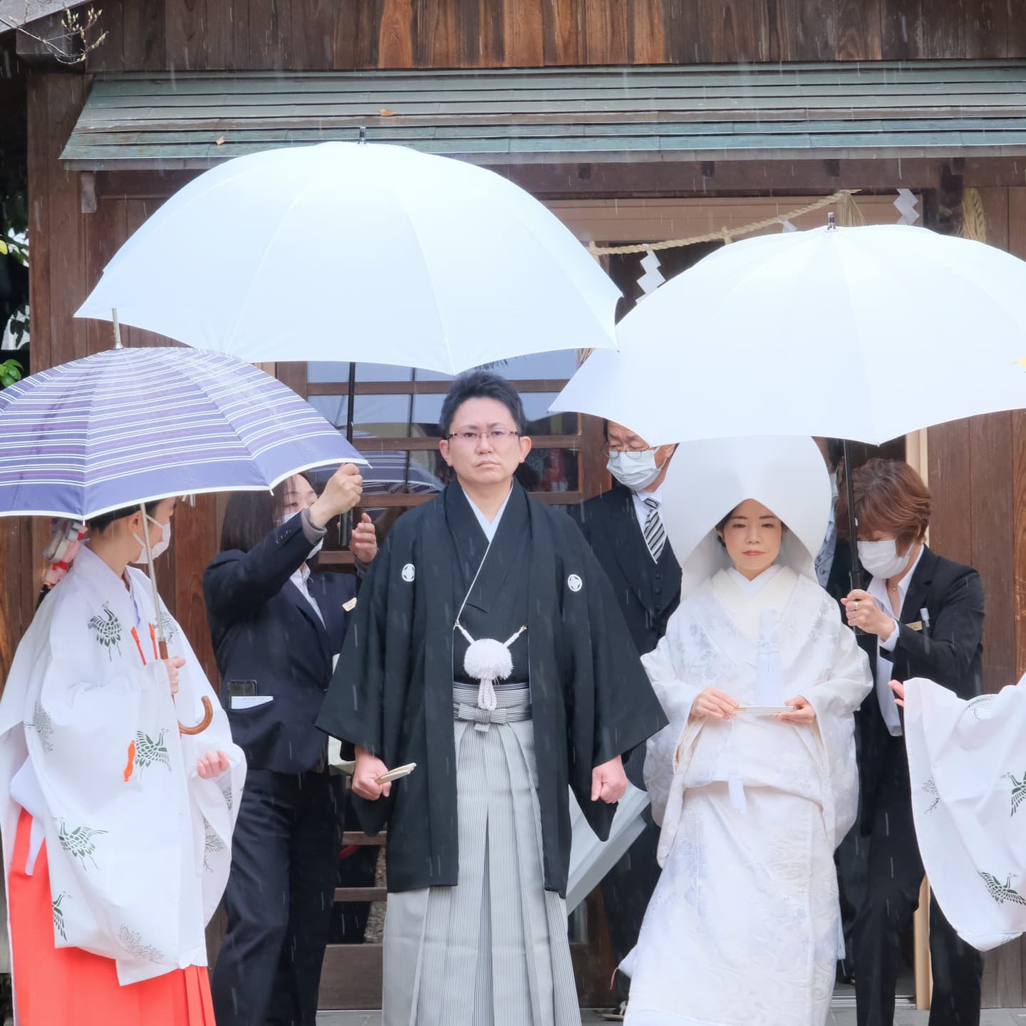 伊賀八幡宮で結婚式の新郎と綿帽子の花嫁