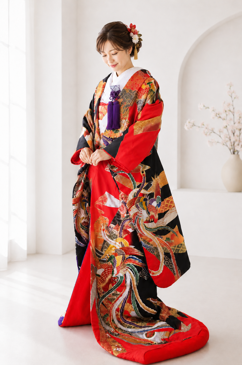 桂由美YUMIKATURAの黒と青紫と赤の鳳凰打掛結婚式前撮りレンタル