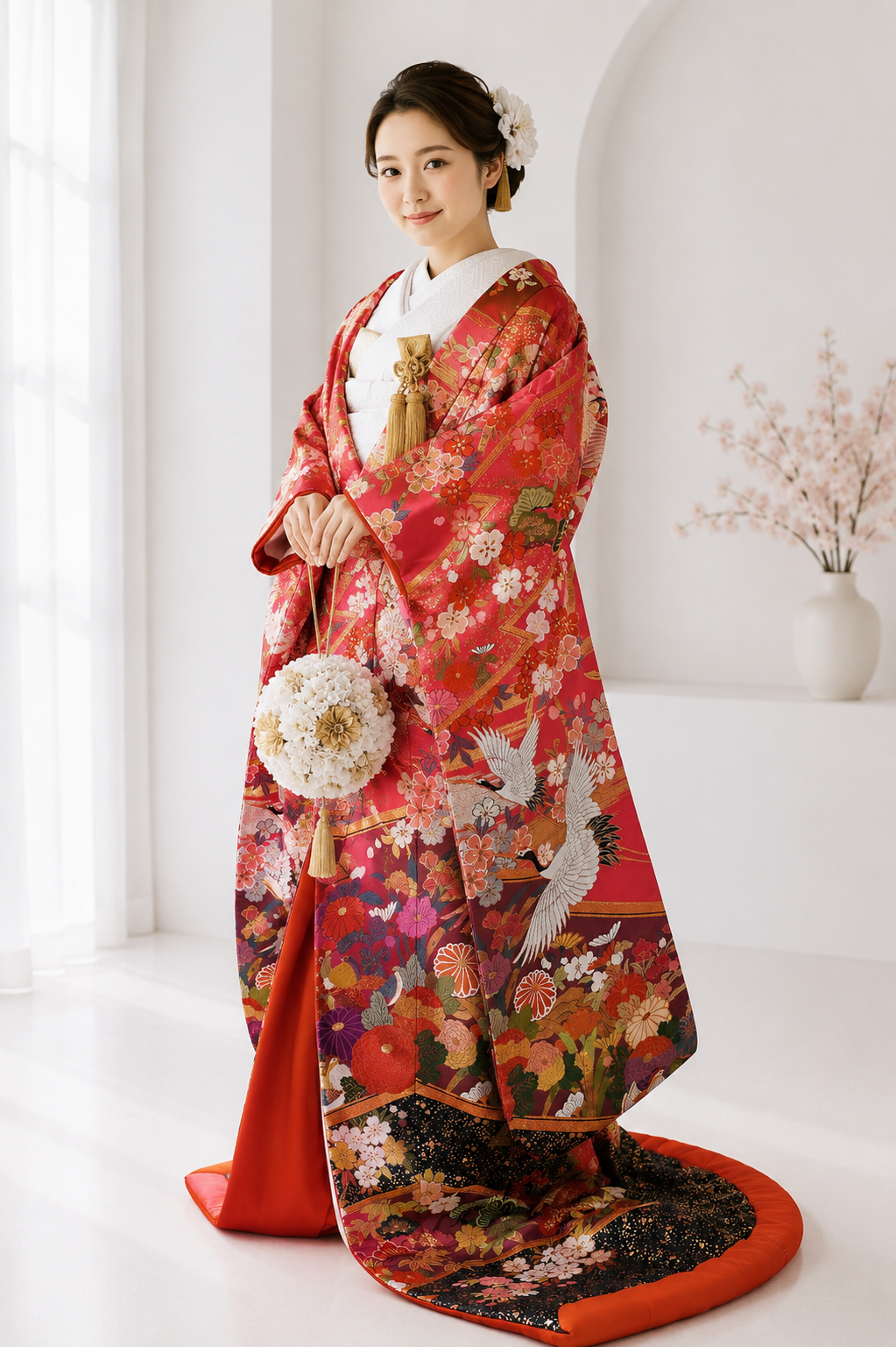 ピンク色の色打掛を花嫁が着ている写真