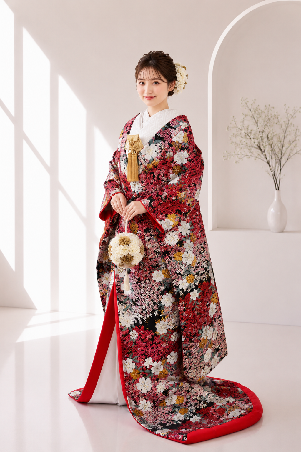 黒とピンク色の色打掛を花嫁が着ている写真
