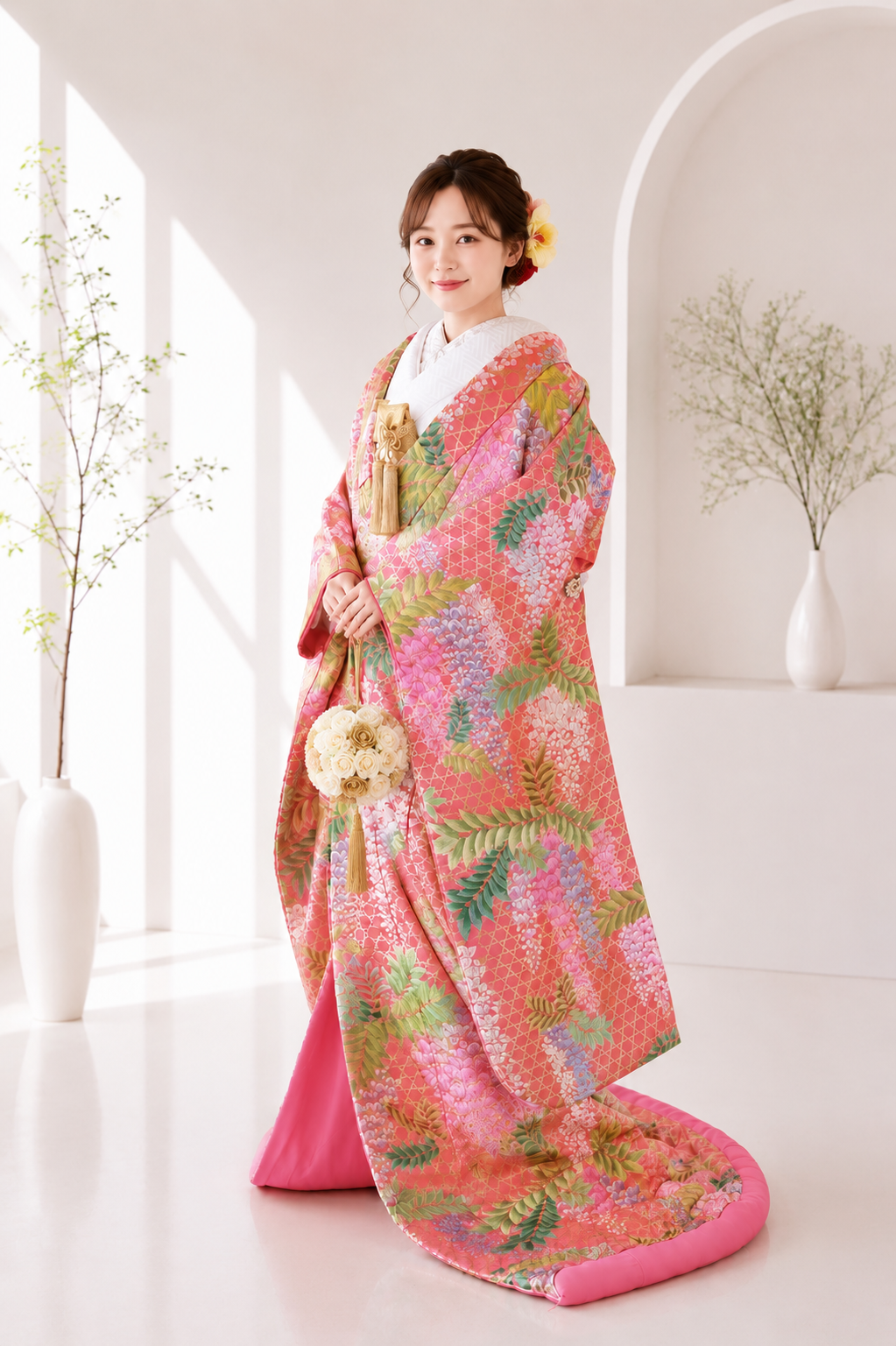 ピンク色の色打掛を花嫁が着ている写真