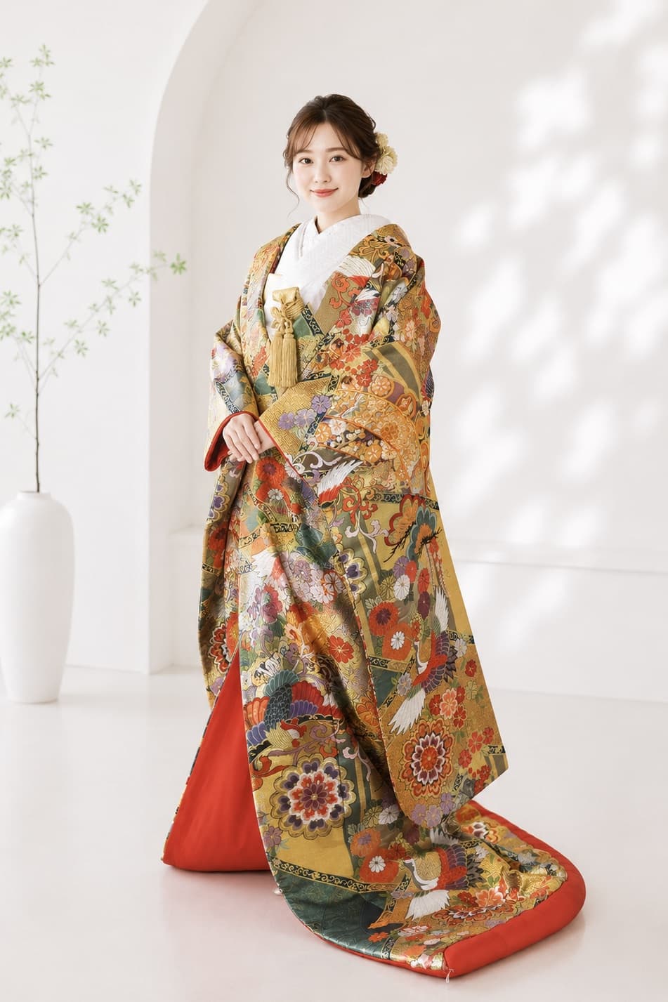 金色の色打掛を花嫁が着ている写真