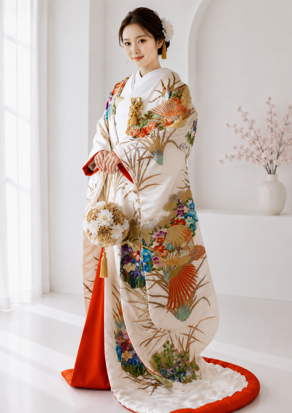 金色の色打掛を花嫁が着ている写真