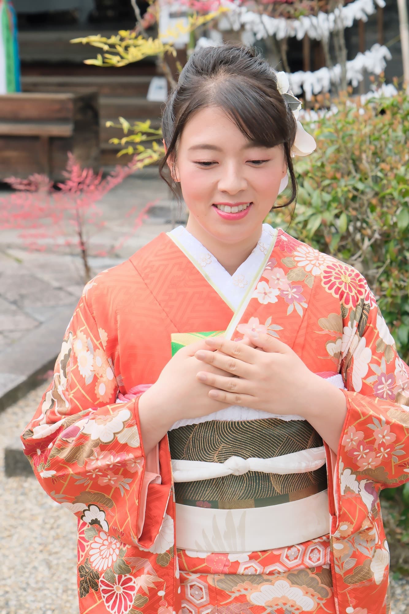 打掛80 正絹 大振袖 朱色黒グラデーション地 花柄 花嫁衣裳 引き振袖-