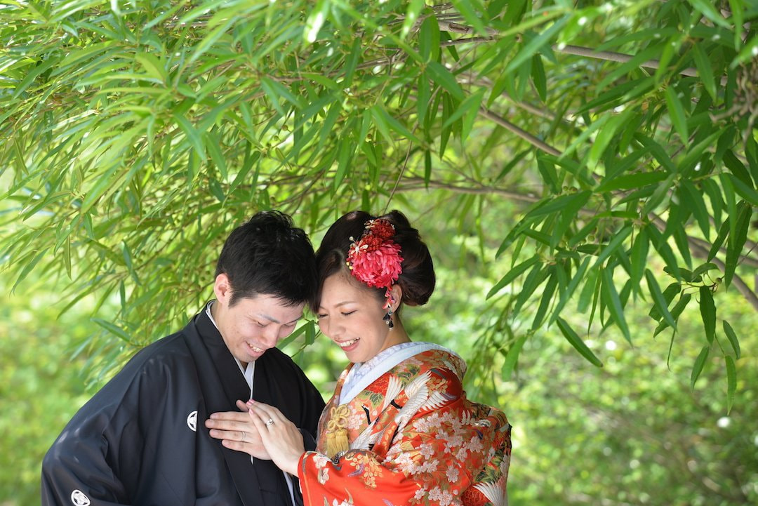 京都で和装の前撮りの新緑写真