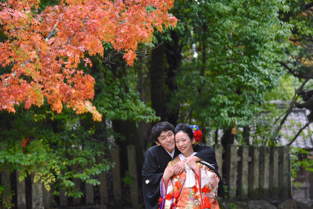 紅葉の京都で和装前撮りロケーションフォトの写真