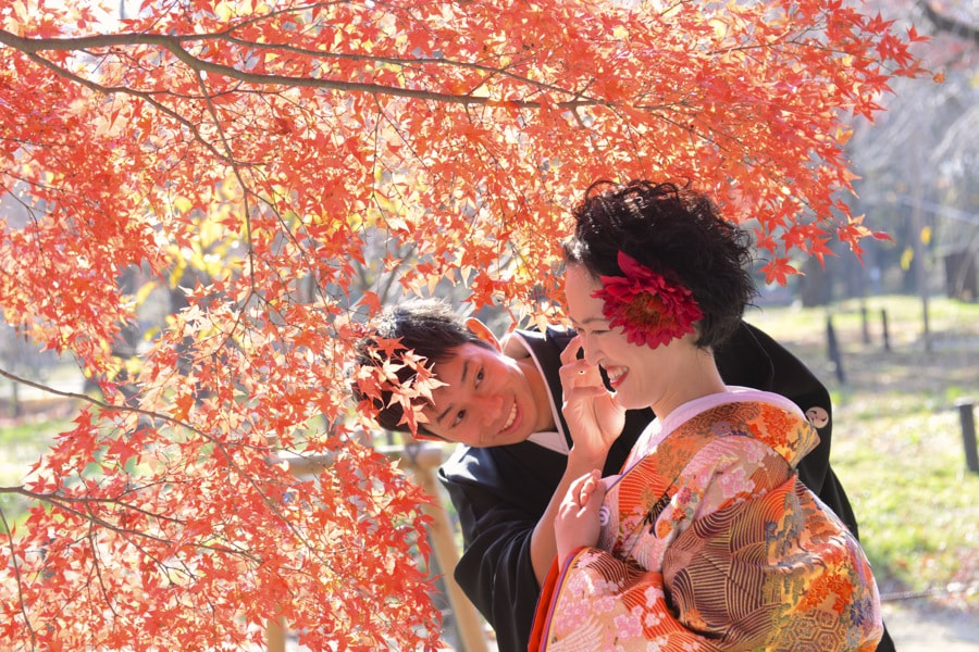紅葉の京都で和装前撮りロケーションフォトの写真