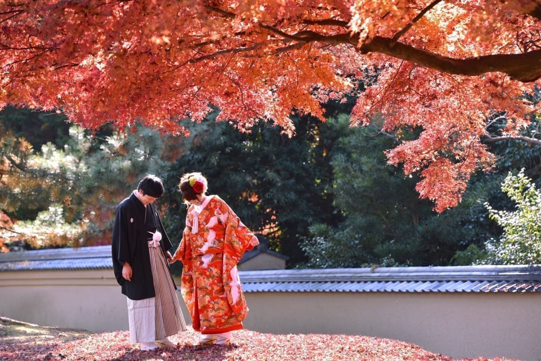 奈良の紅葉で和装前撮りフォトウェディングの写真