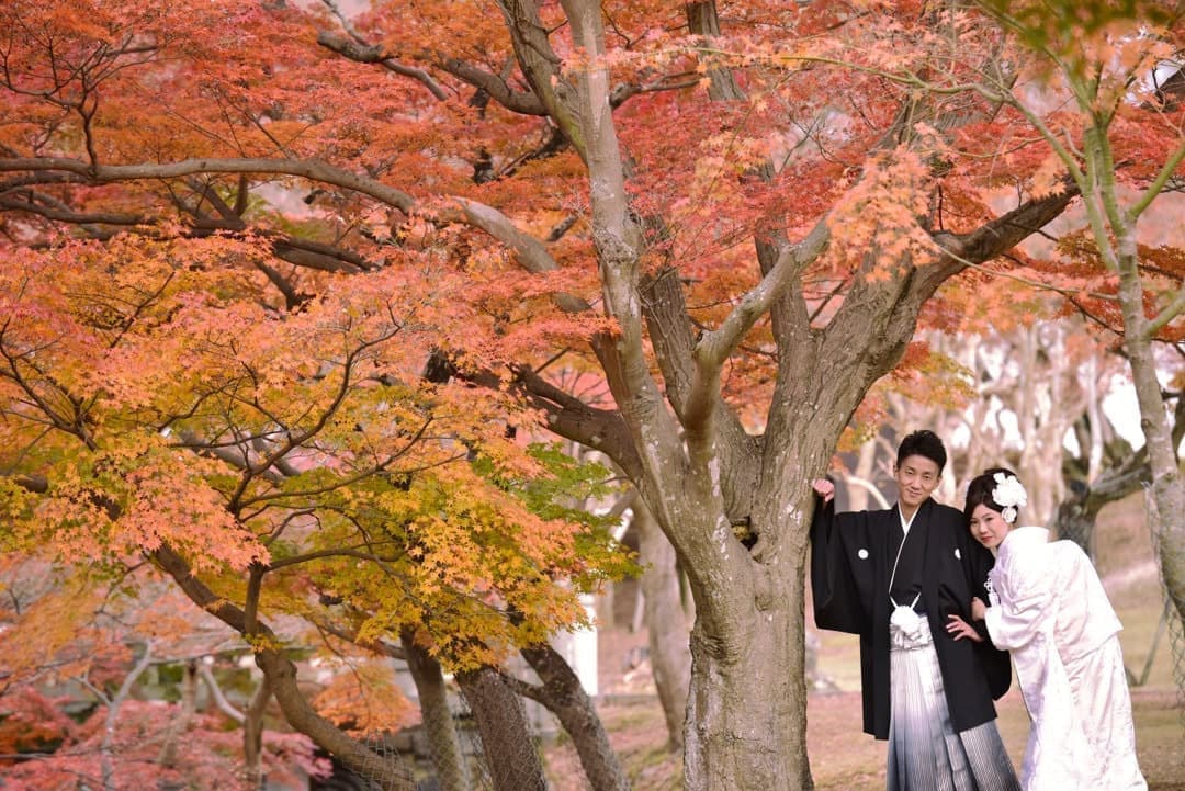 奈良の紅葉で和装前撮りフォトウェディングの写真