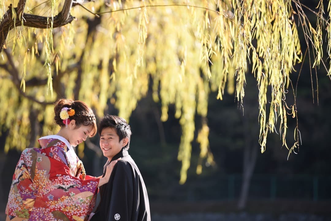 奈良の紅葉で和装前撮りフォトウエディングの写真