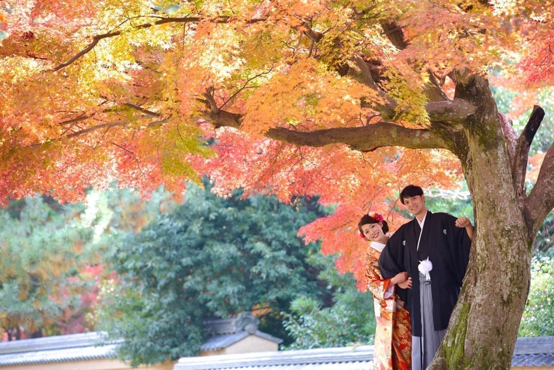 奈良の紅葉で和装前撮りフォトウエディングの写真