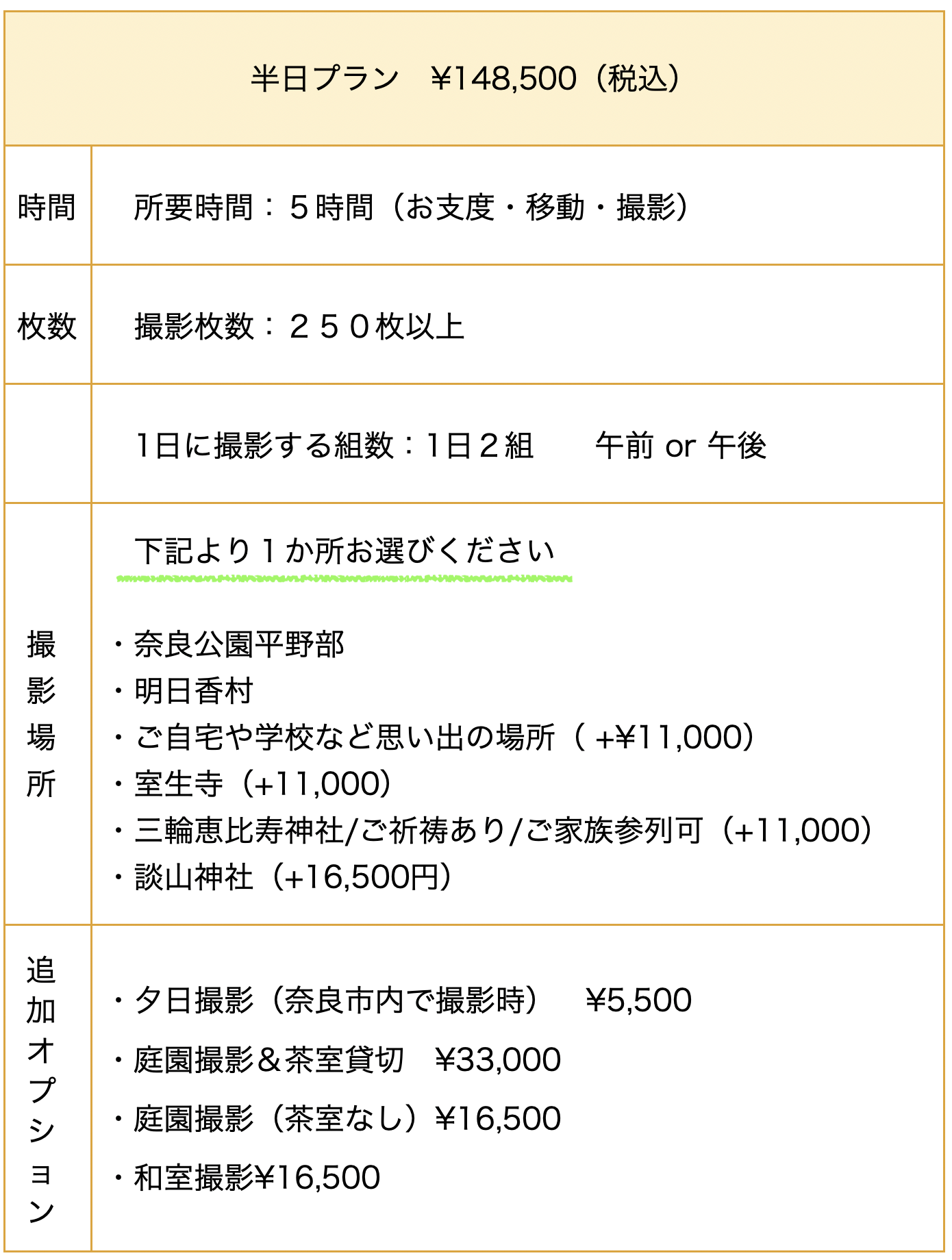 奈良フォトウェディング料金表