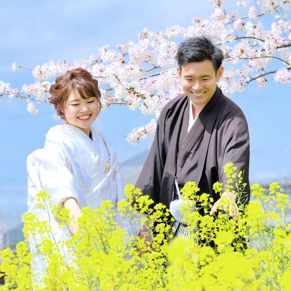 白無垢を着た花嫁様と紋付羽織袴を着た新郎様が寺院で結婚式を挙げている