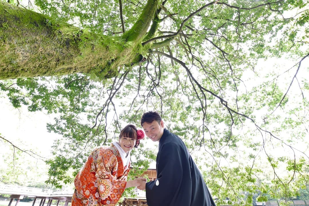 奈良の新緑で和装前撮りフォトウェディングの写真