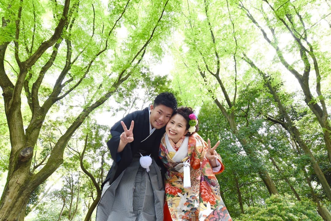 奈良の新緑で和装前撮りフォトウェディングの写真