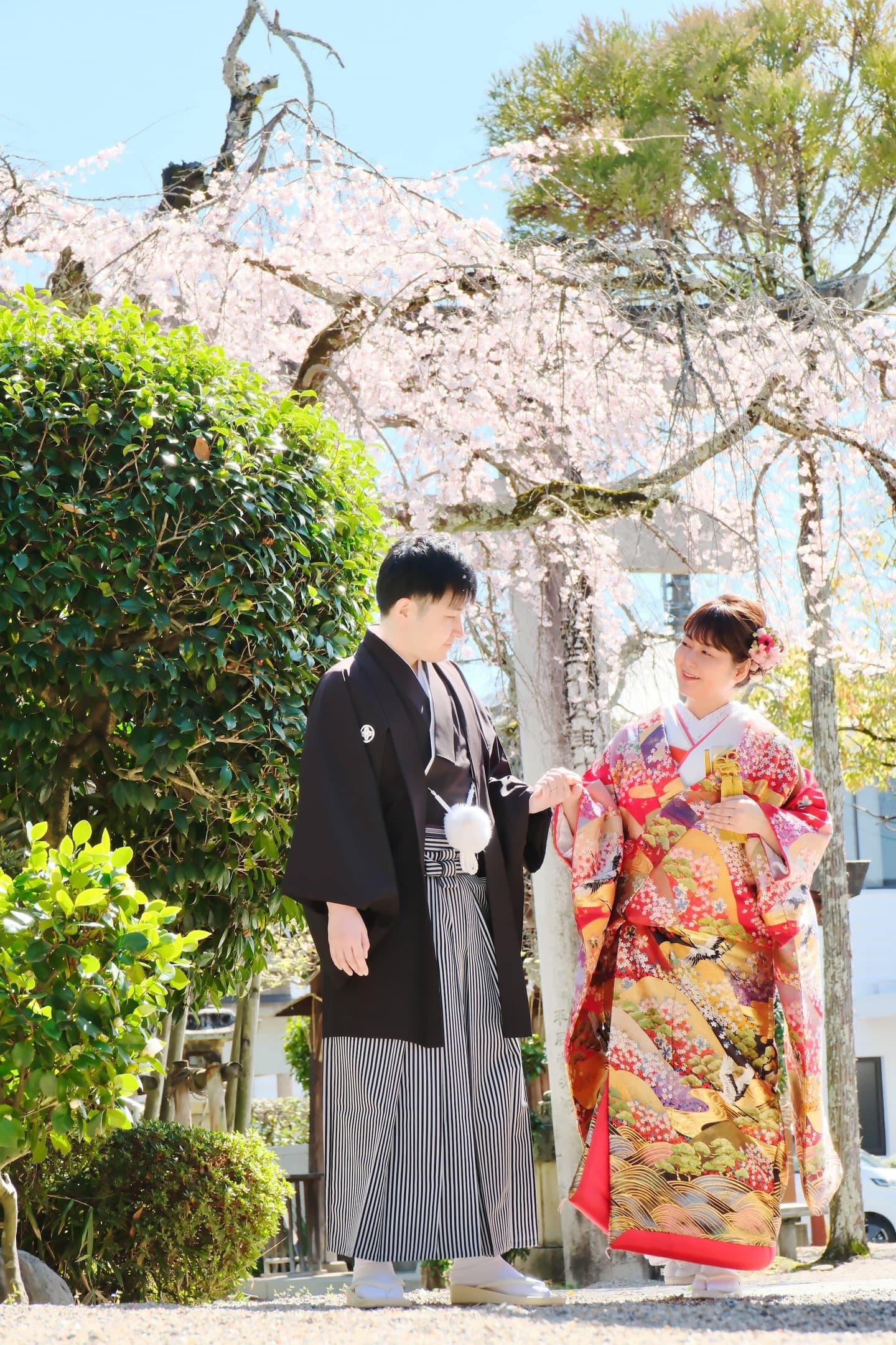 奈良の神社で和装前撮りフォトウェディングをしている新郎新婦