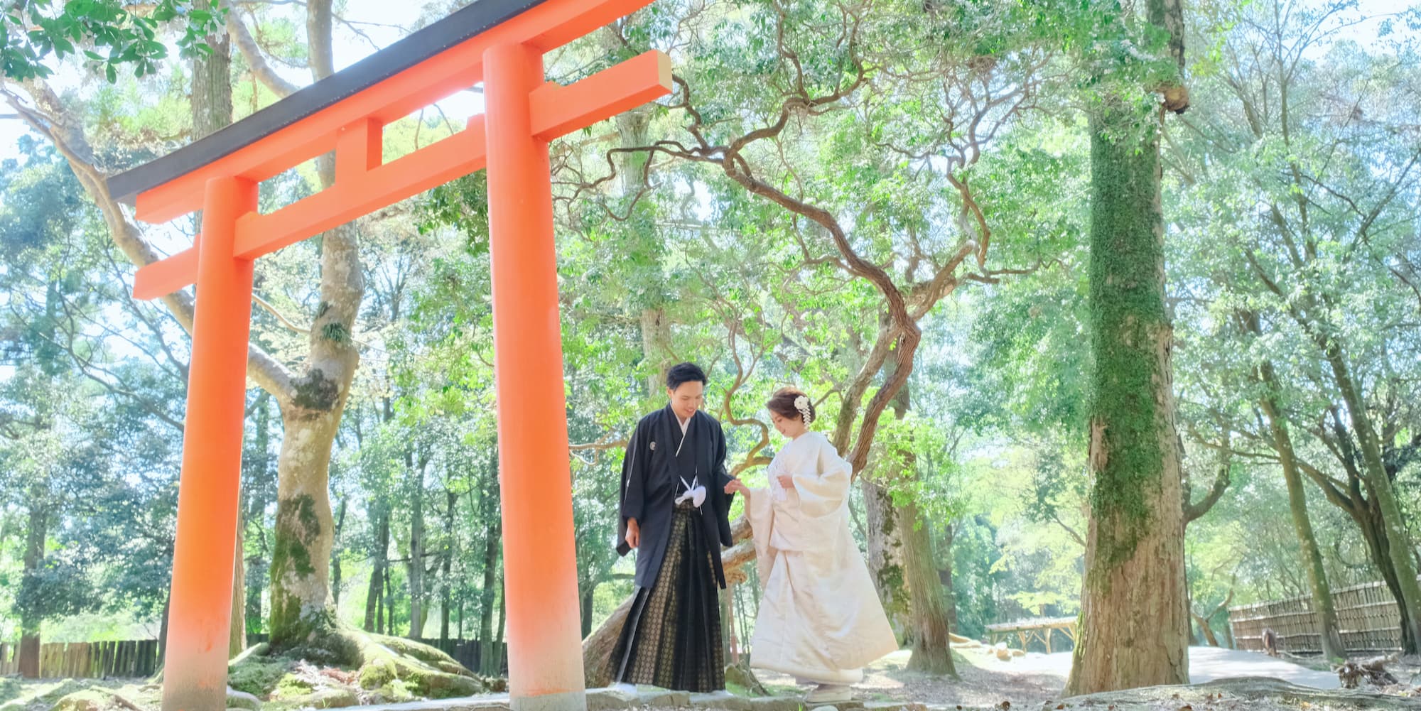 白無垢を着た花嫁様と紋付羽織袴を着た新郎様が大神神社で結婚式を挙げている
