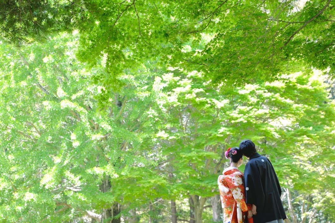奈良の新緑で和装前撮りフォトウェディングの写真