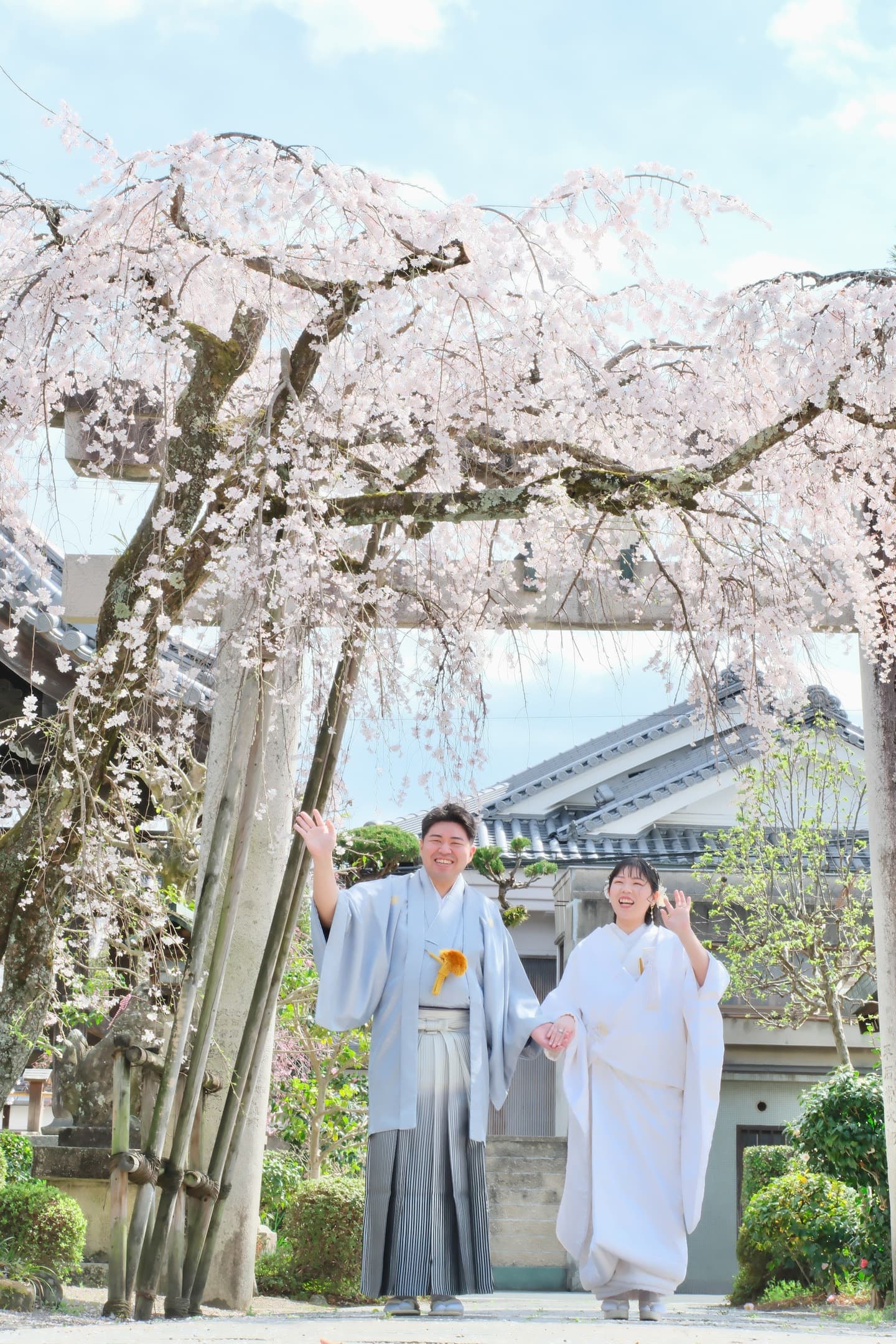 奈良の神社で和装前撮りフォトウェディングをしている新郎新婦