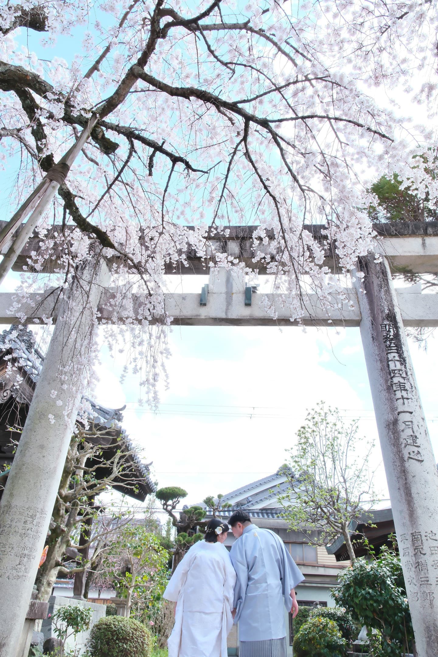 奈良の神社で和装前撮りフォトウェディングをしている新郎新婦