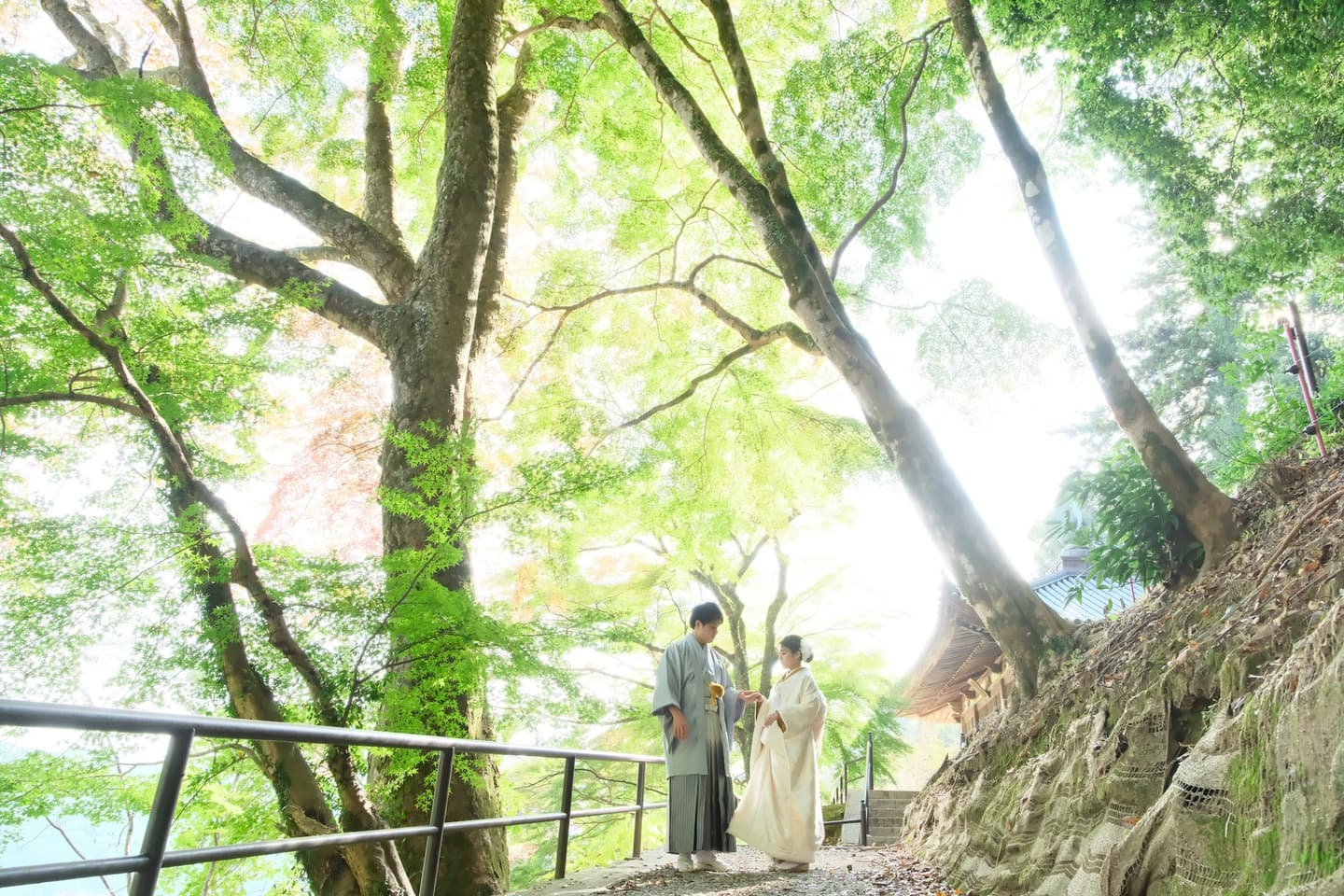 長谷寺で前撮り和装着物フォトウエディングをしている新郎新婦の写真