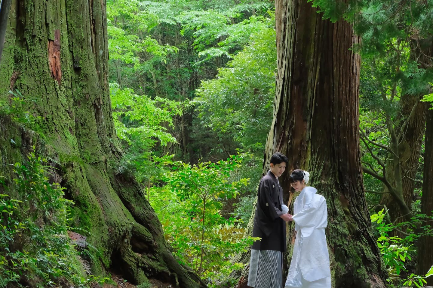奈良の室生寺で前撮り和装着物フォトウエディングをしている新郎新婦の写真
