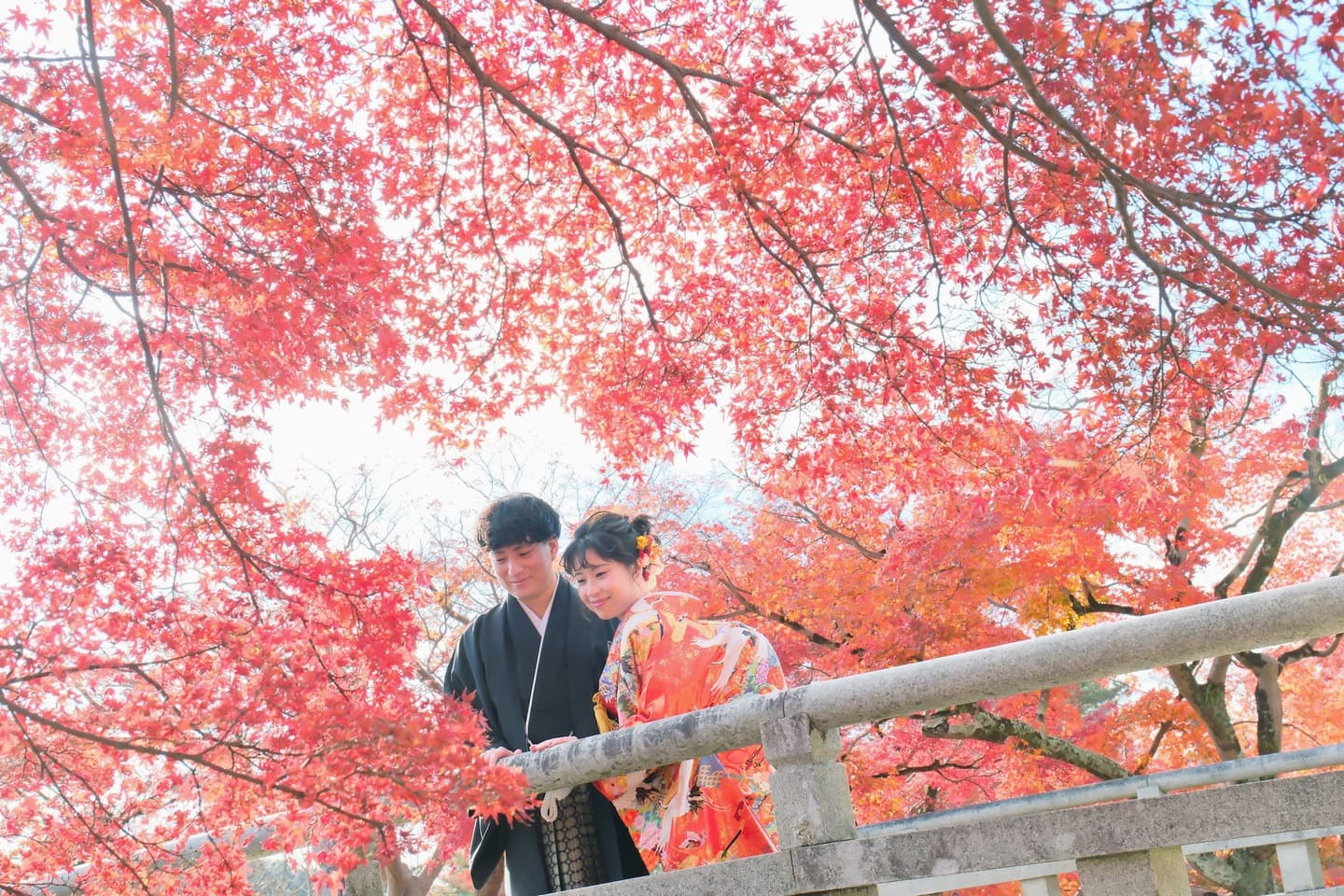  紅葉の奈良公園での前撮りフォトウエディング写真