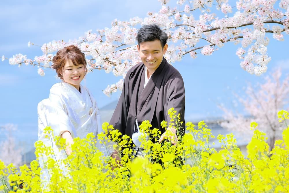 桜と菜の花が美しい奈良で前撮りをしている新郎新婦