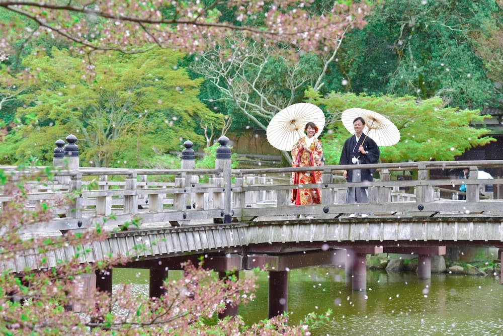 奈良の桜の前でフォトウェディングをしている新郎新婦