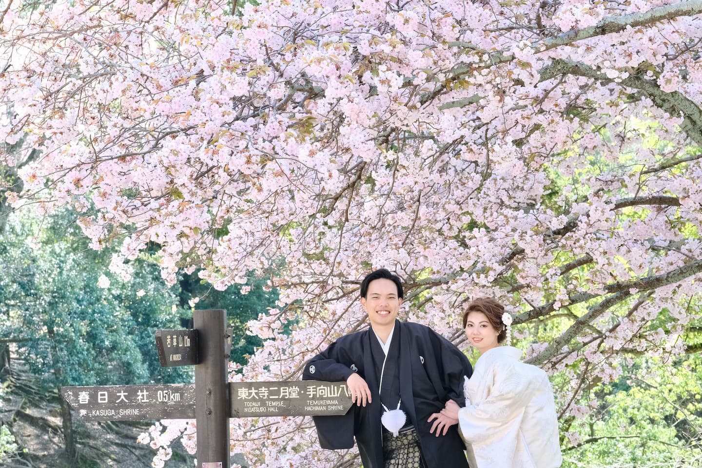 和装着物を着た花嫁様と紋付羽織袴の新郎様の写真