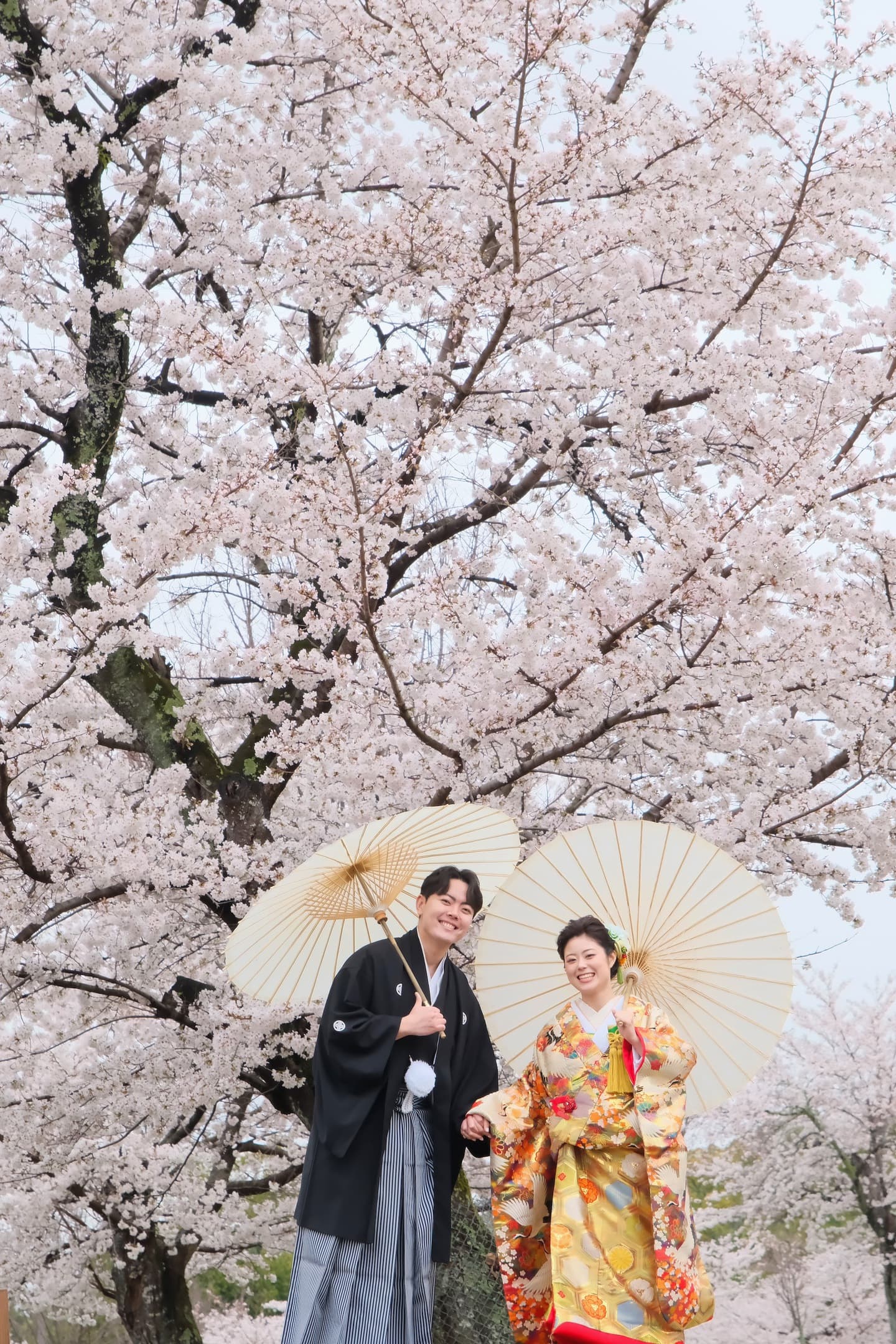 和装着物を着た花嫁様と紋付羽織袴の新郎様の写真