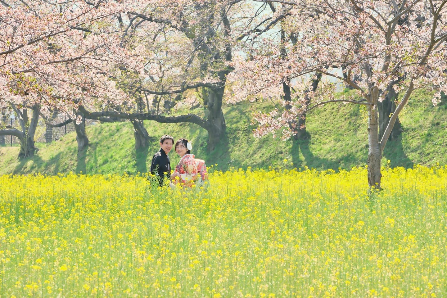 和装着物を着た花嫁様と紋付羽織袴の新郎様の写真