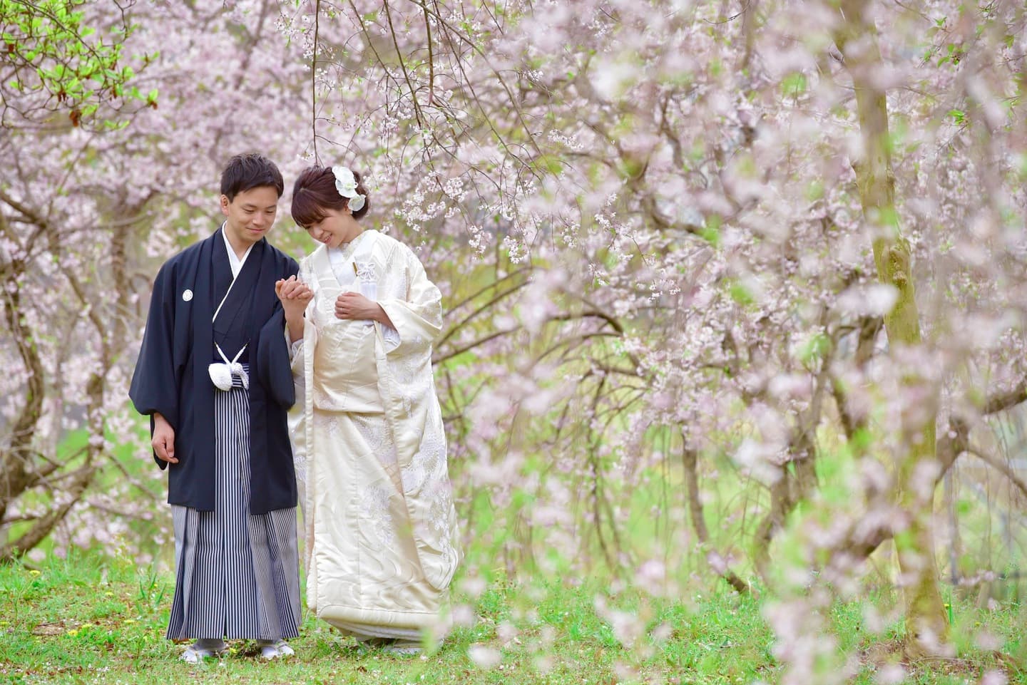 和装着物を着た花嫁様と紋付羽織袴の新郎様の写真
