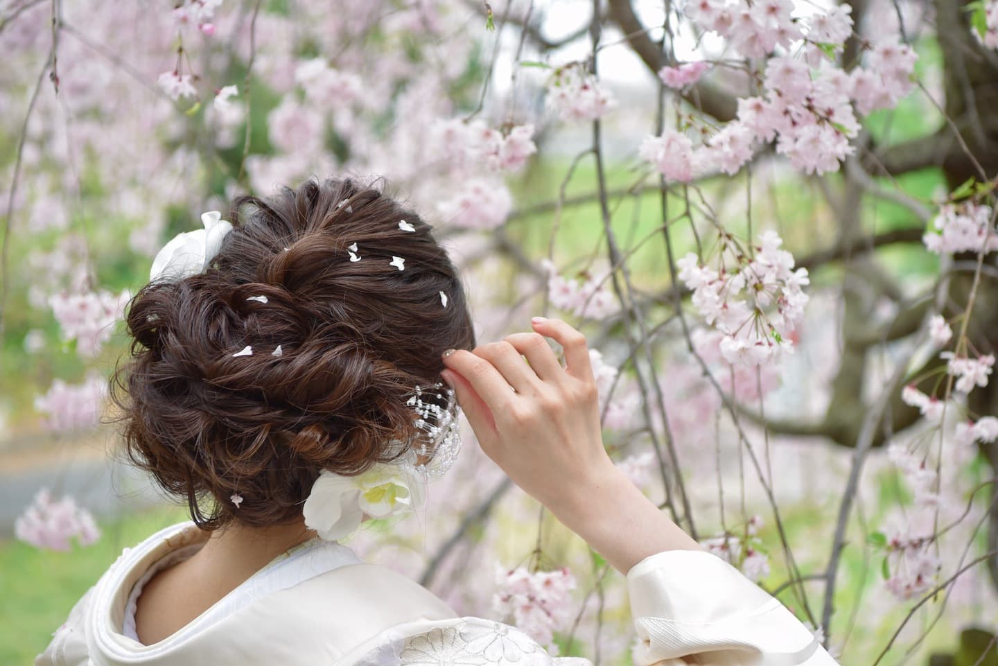 和装着物を着た花嫁様と紋付羽織袴の新郎様の写真