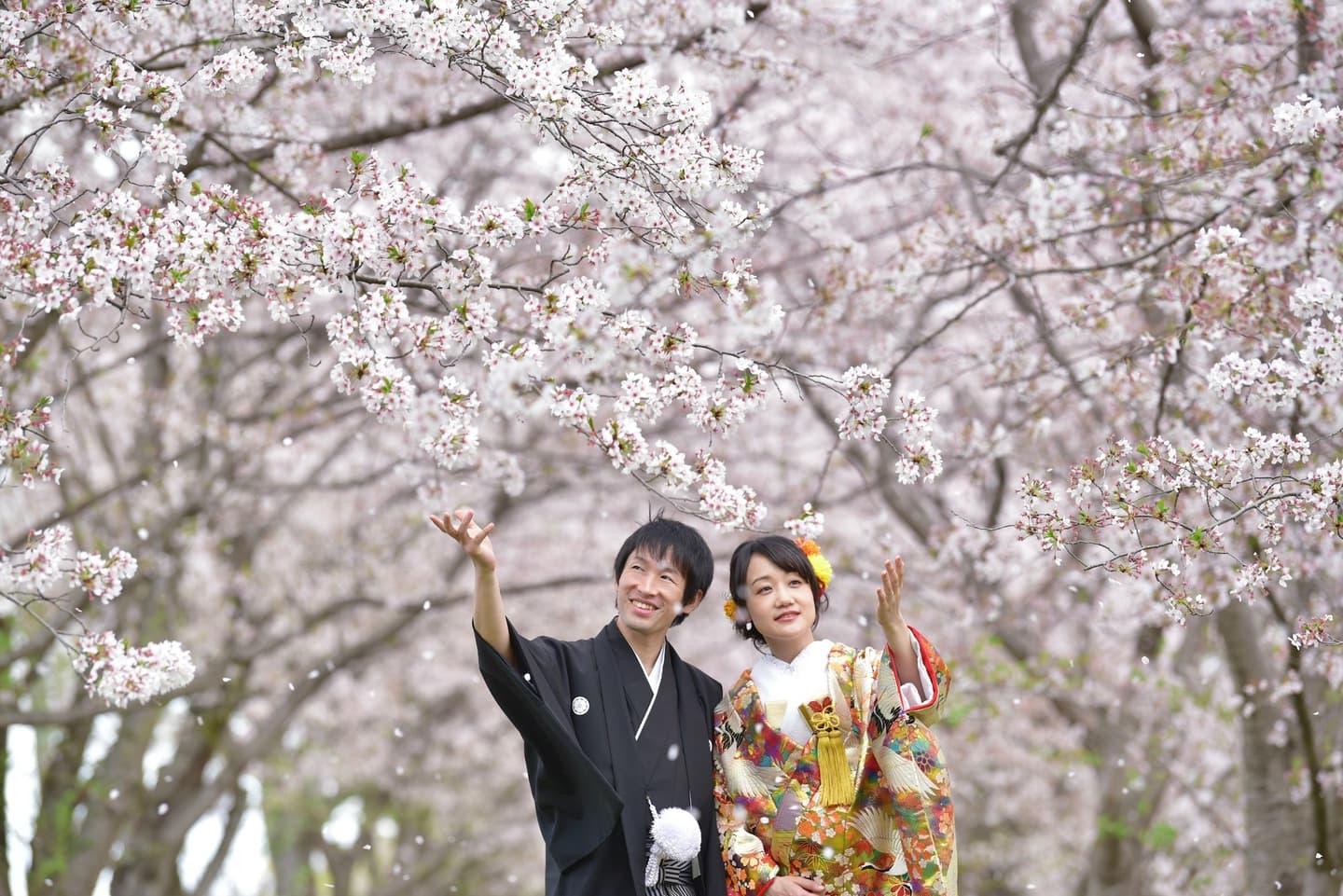 和装着物を着た花嫁様と紋付羽織袴の新郎様の写真