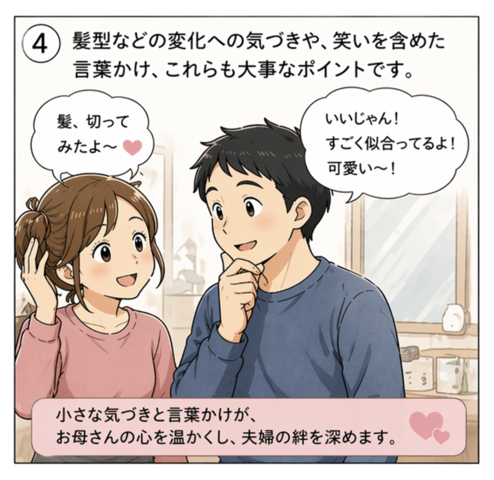 お母さんとお父さんが笑顔で話すイラスト