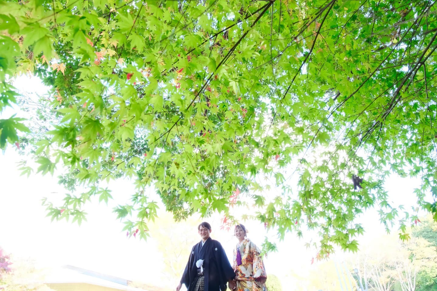色打掛を着た花嫁様と紋付羽織袴を着た新郎様が滋賀でフォトウェディングを撮っている