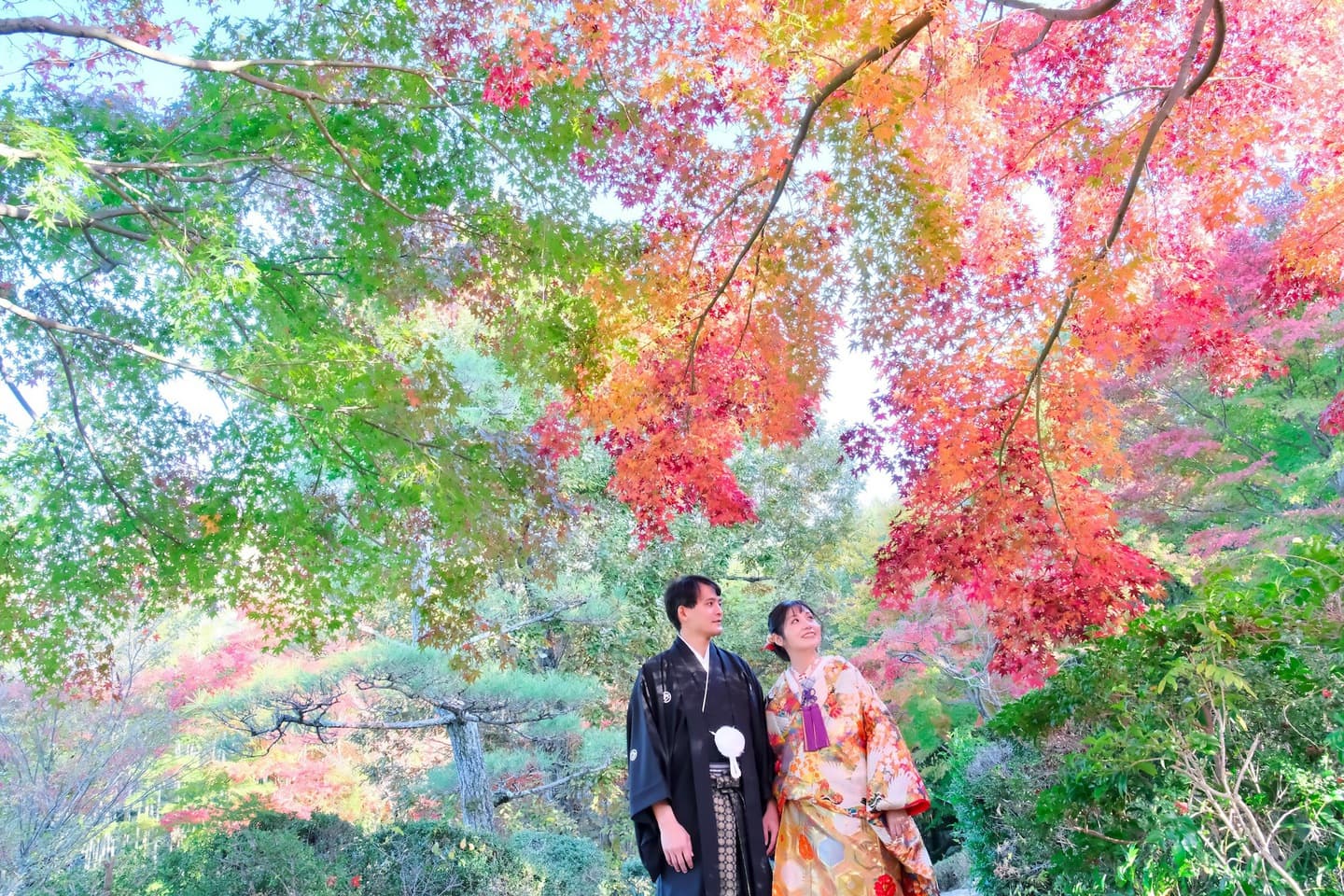 色打掛を着た花嫁様と紋付羽織袴を着た新郎様が滋賀でフォトウェディングを撮っている