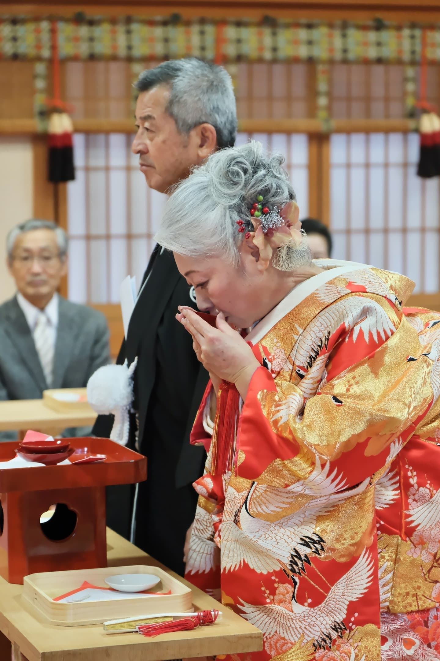 シニア世代の再婚で神社で和装の結婚式の花嫁
