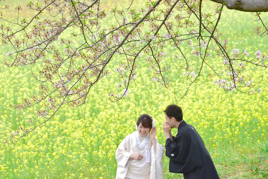 菜の花畑での結婚式の写真
