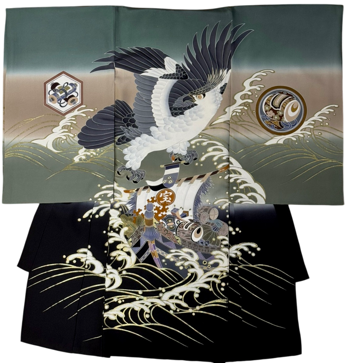 お宮参り用着物の黒と緑色