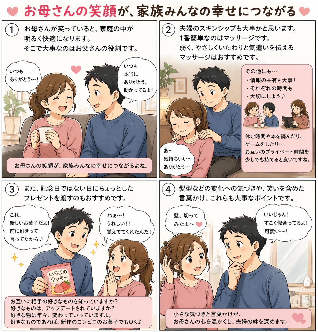 仲良く話す夫婦の４コマ漫画