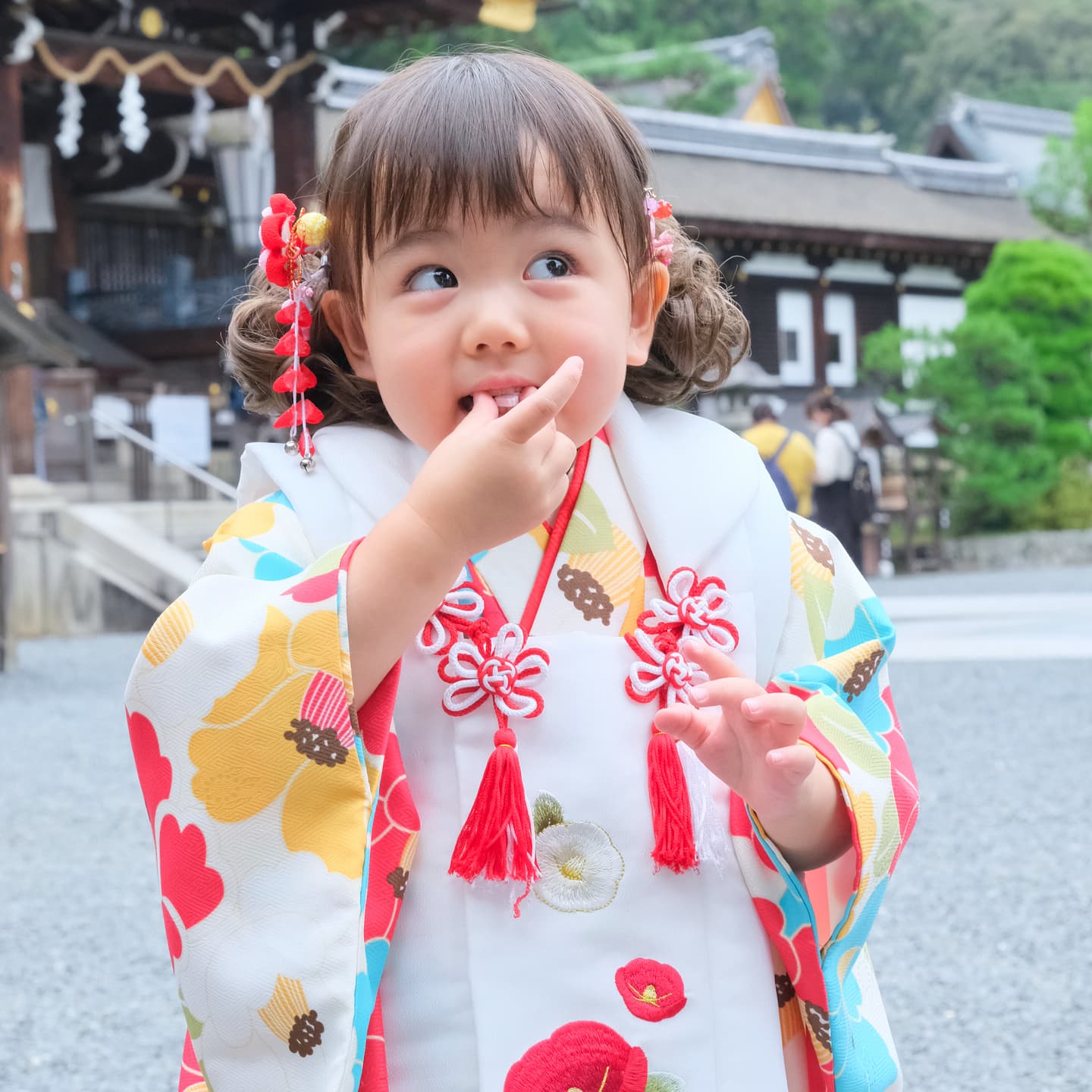 神社で七五三の着物の女の子と男の子