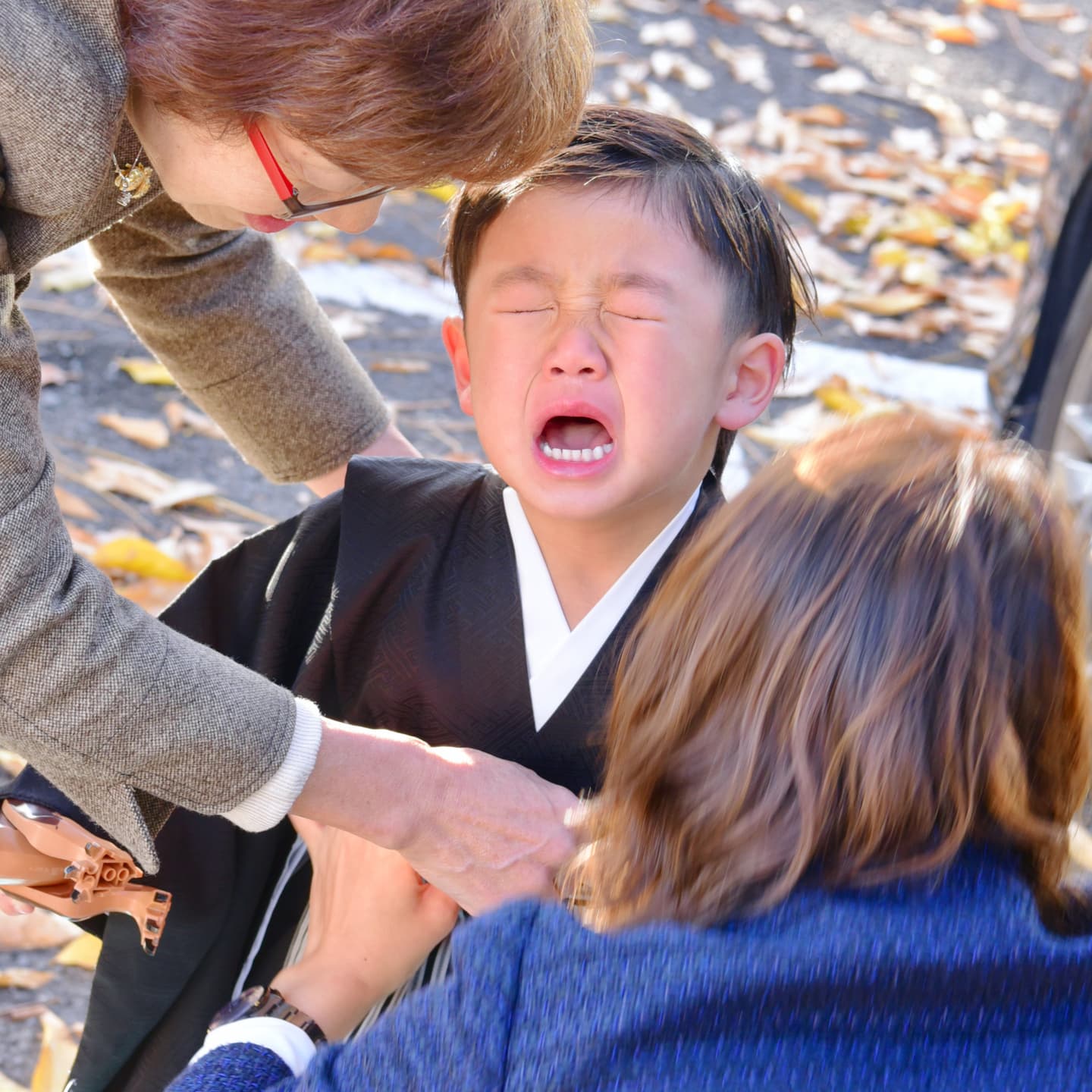 神社で七五三の着物の女の子と男の子