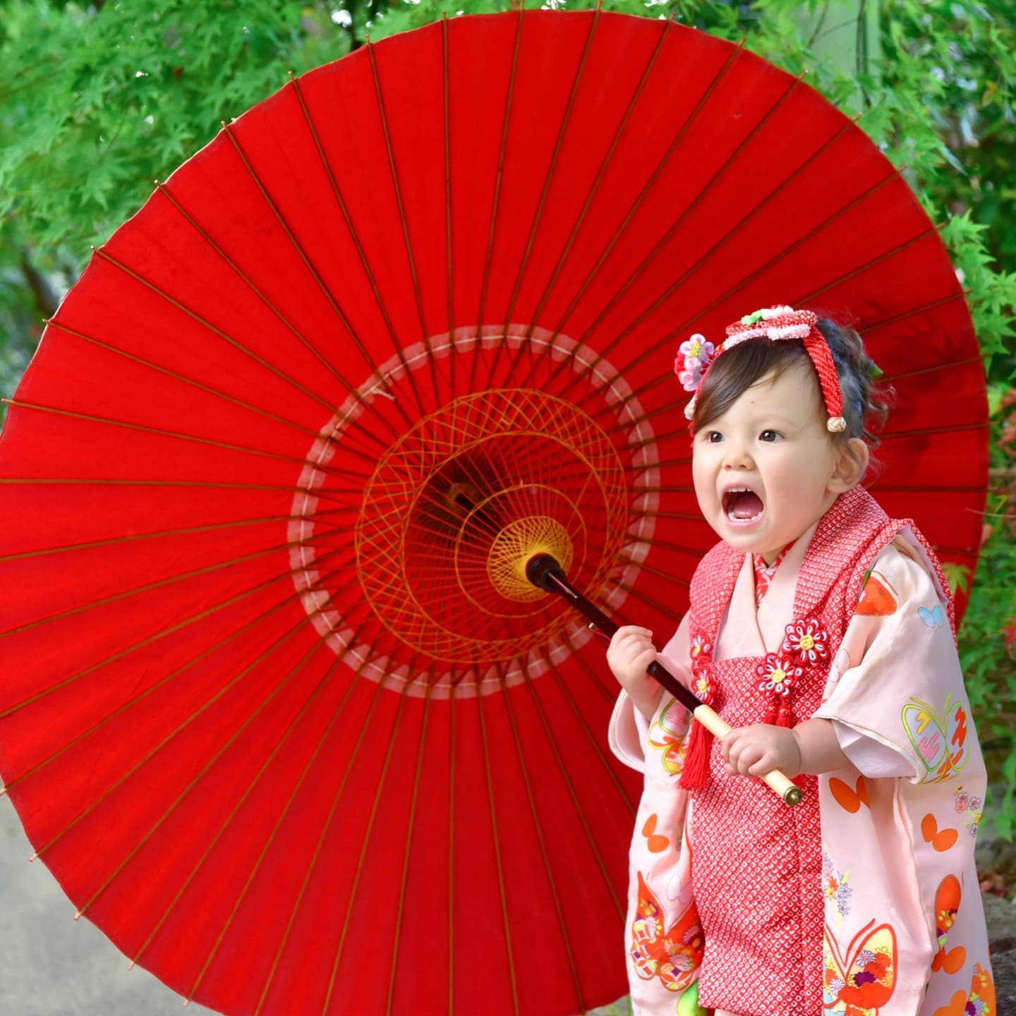 神社で七五三の着物の女の子と男の子