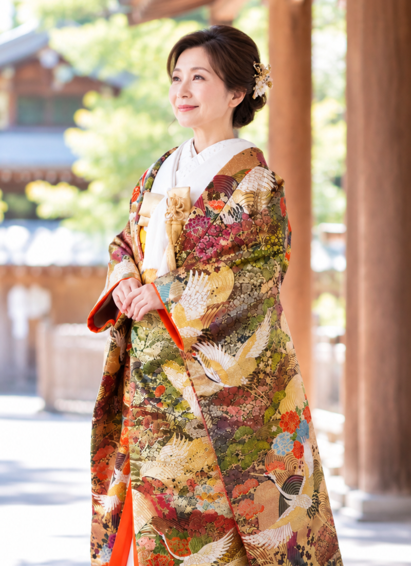 神社に佇む華やかな花嫁衣装姿
